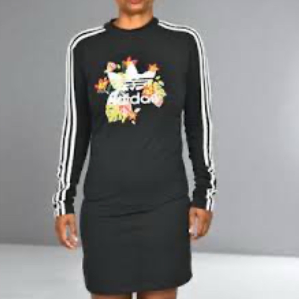 Adidas X HER Colorful Graphic T Shirt Dress Long Sleeves SZ XS Black White